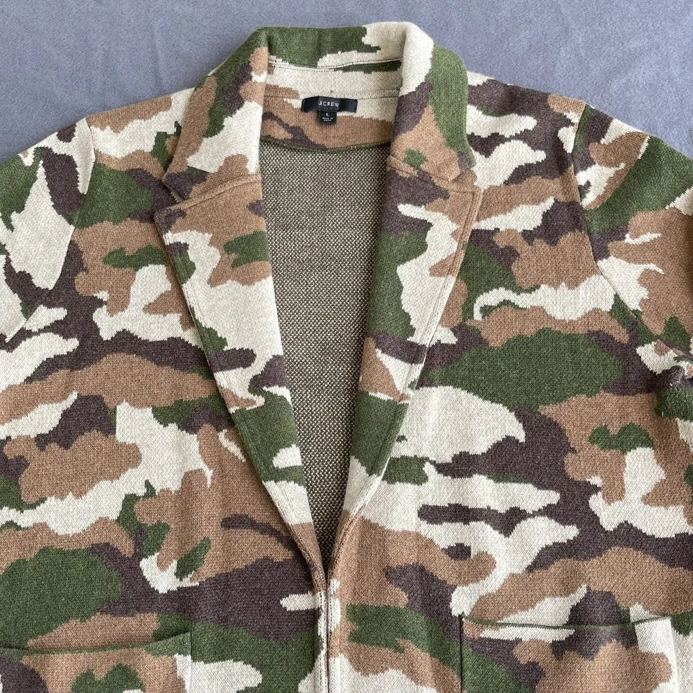 J. CREW Sweater Blazer Women Large Green Camo Sophie Open Front Boho Chic Jacket